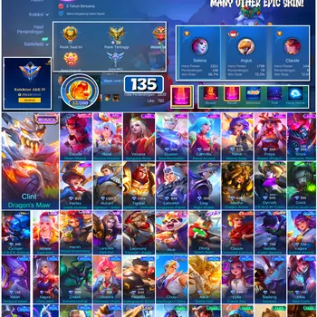Mobile Legends: Bang Bang Accounts #4640 135 Skins | Clint Dragon's Maw (MYTHICAL) | Carmilla Astral Arcana (EPIC) | Freya