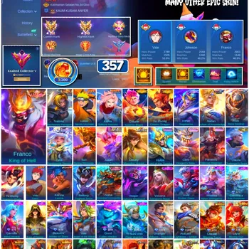 Mobile Legends: Bang Bang Accounts 🔥 #4139 🔥 💎 357 Skins 👑 Legend Franco King of Hell ⚔️ Exalted Collector V ⭐ Collector