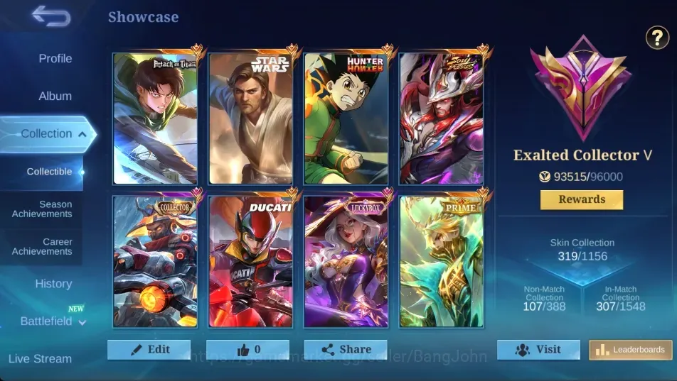 Mobile Legends: Bang Bang Accounts Collector Global|319 Skin|Exalted|AOT Martis,StarWars Alucard,DUCATI Irithel,HxH 1
