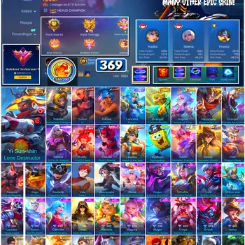 Mobile Legends: Bang Bang Accounts #4528 369 Skins | Yi Sun-shin Lone Destructor (COLLECTOR) | Gusion K' (KOF) | Karina