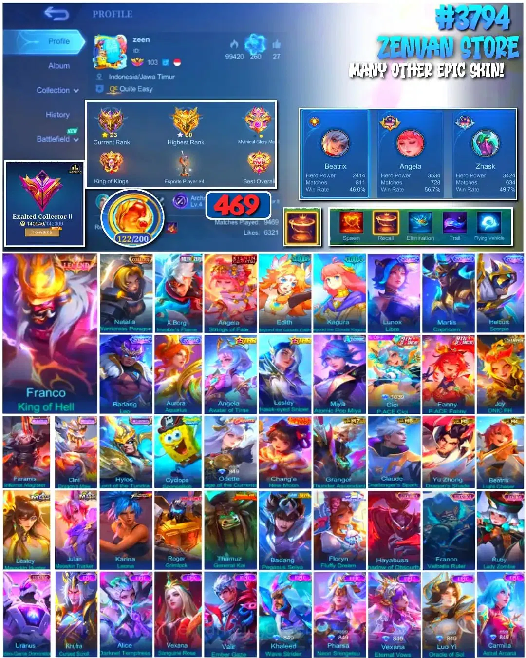 Mobile Legends: Bang Bang Accounts #3794 469 Skins | Legend Franco | Collector Natali image 1