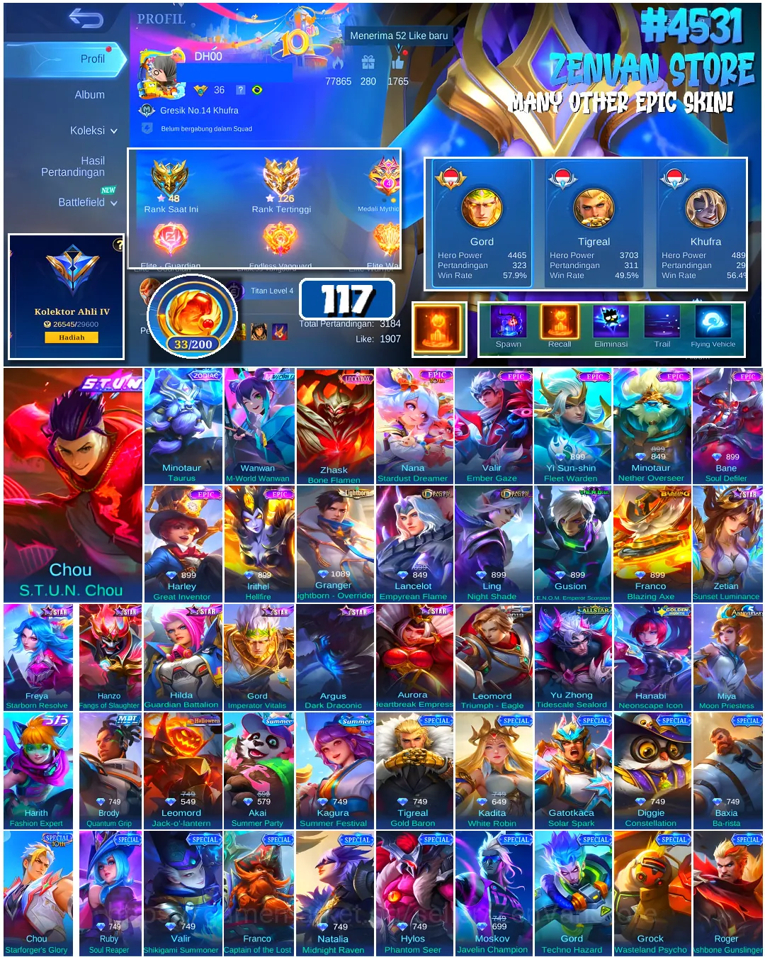 Mobile Legends: Bang Bang Accounts #4531 117 Skins | Chou S.T.U.N. Chou (S.T.U.N.) | Bane Soul Defiler (EPIC) | Harley Great 1