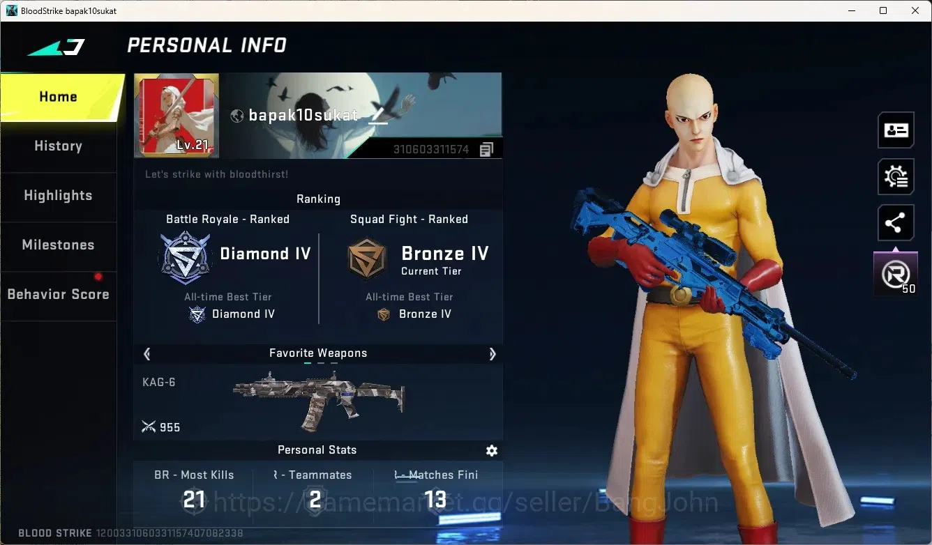 Blood Strike Accounts Others ASIA | 1 OPM Striker: Jack-Teh Strongest Hero|3 LEGENDARY GUN: M4A1, Kala, Spear|Check SS 1