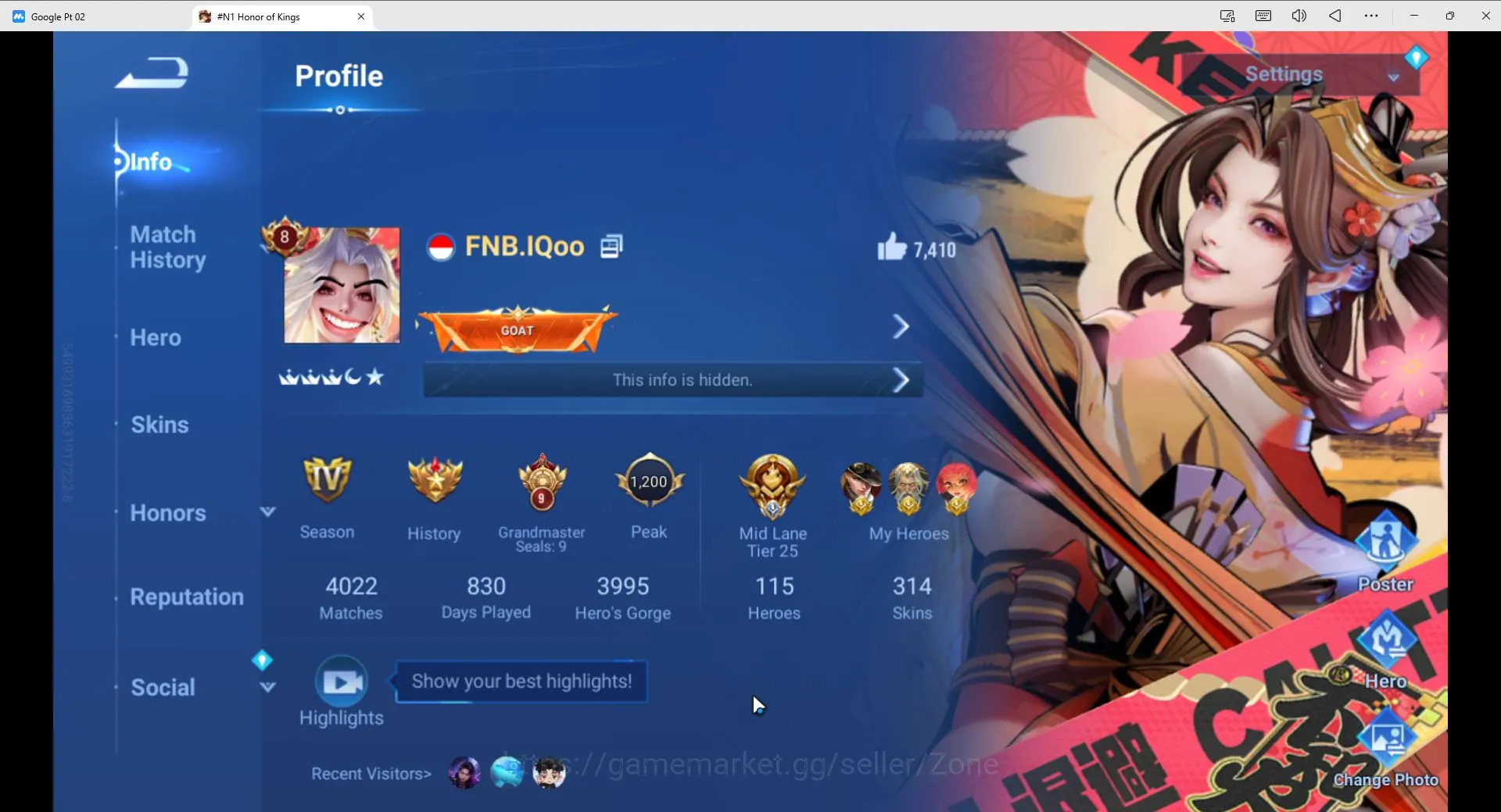 Honor of Kings Accounts Rare Skin Global Highend|115H 314SKIN|3 Flawless,2Mythic,Many Legendary and Collab 1
