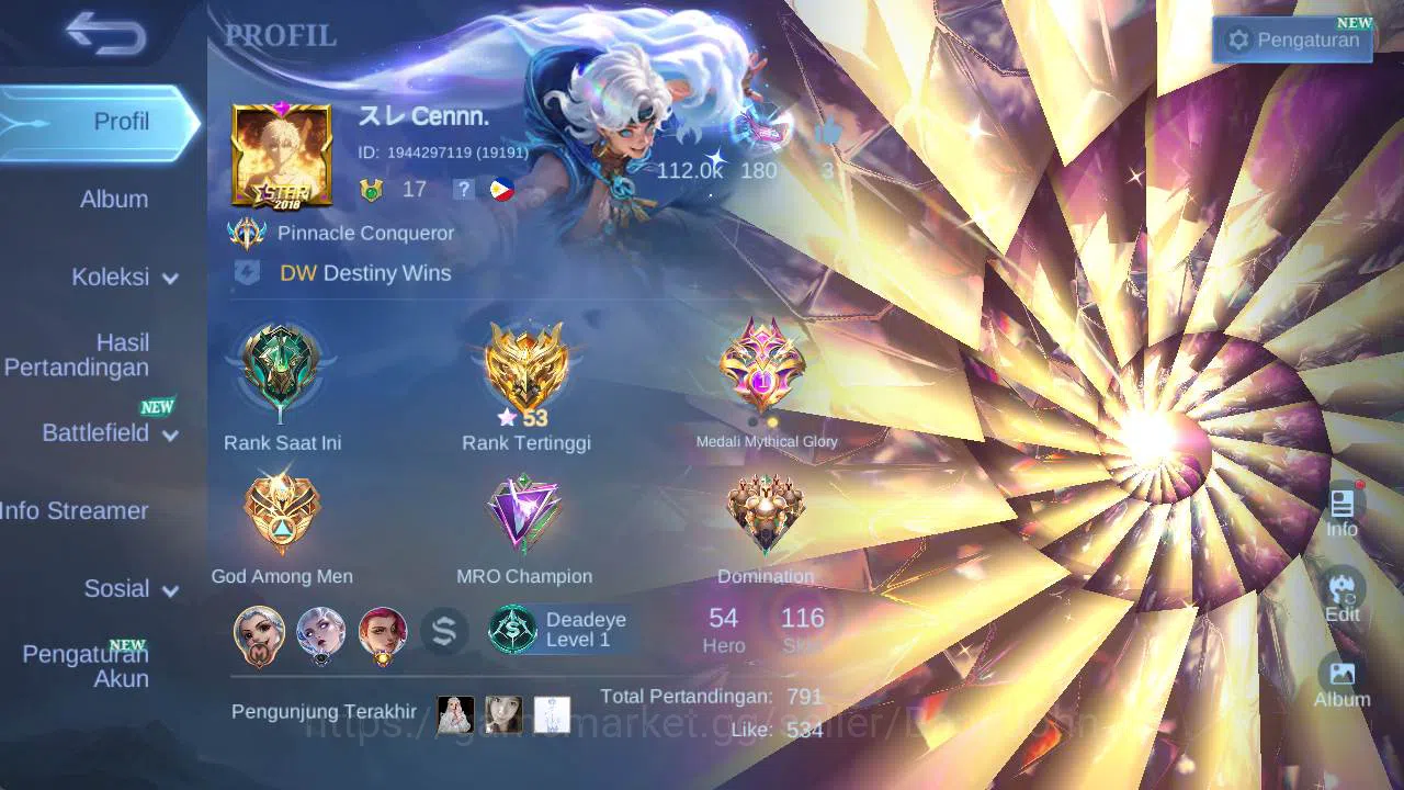 hero 50+, skin 100+ prime GR, KOF dyrroth, annu karie, LB claude, covenant lilya, christ harrith, rising Uranus ML1292B Mobile Legends: Bang Bang Others hero 50+, skin 100+ prime GR, KOF dyrroth, annu ka image 1