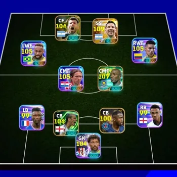 eFootball Accounts High-End Messi 109| Neymar 105| Mekelele 107| Rodriguez 105| Modric 105| Vozinha 104| Suarez 105| Aguero