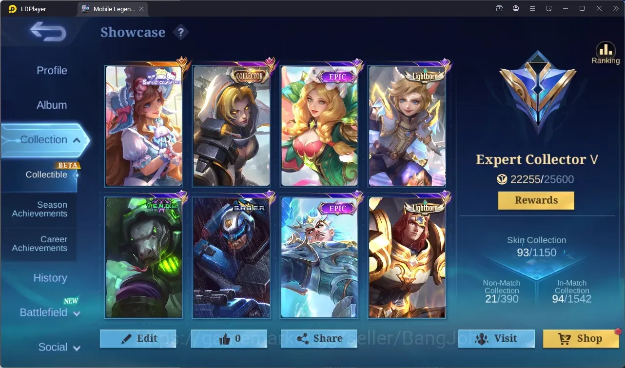 Mobile Legends: Bang Bang Accounts Collector Global|93S|Collector|Sanrio Floryn,Collector Natalia,LB Tigreal,LB Harith,Epic 1