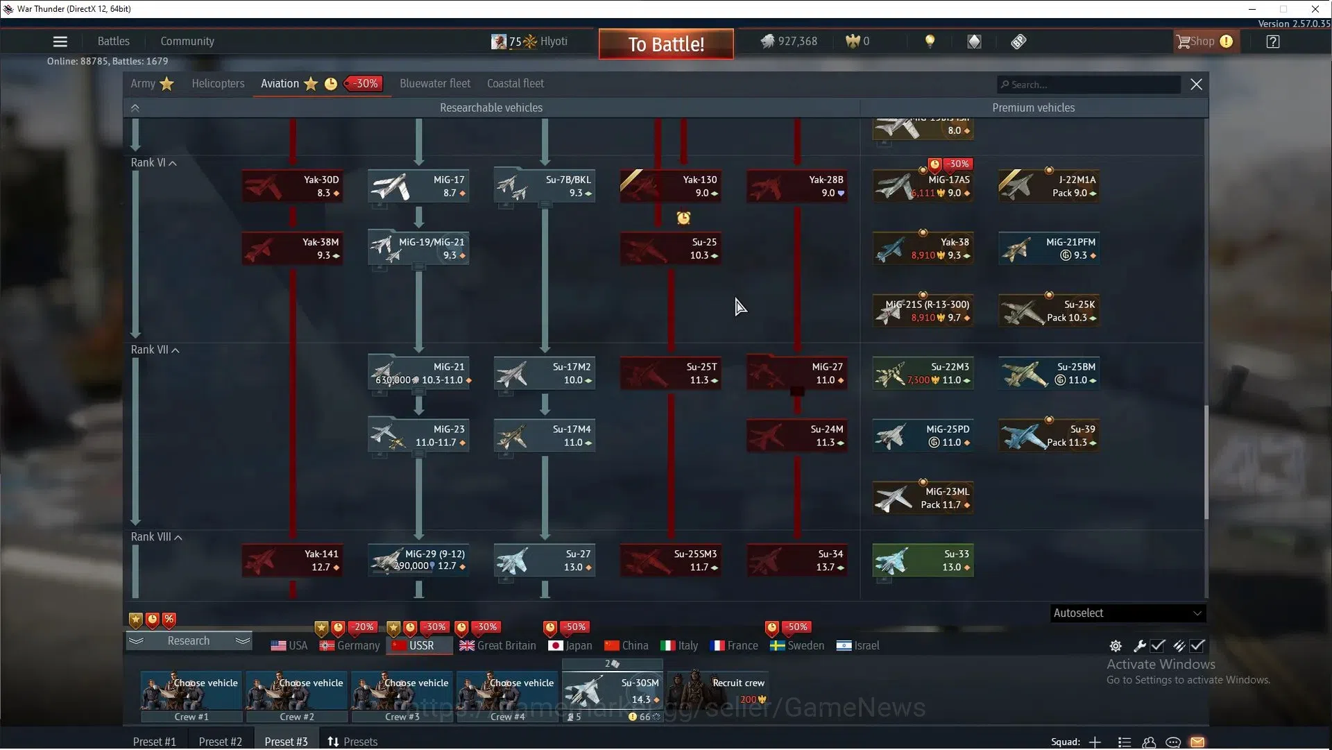 War Thunder Accounts TOP Tier USSR [SU-30SM+2 Skin,Su-27SM,MiG-29SMT,Su-33] 1 Premium (MiG-15bis)|LVL 75|T-72A,ZSU-234M4 11