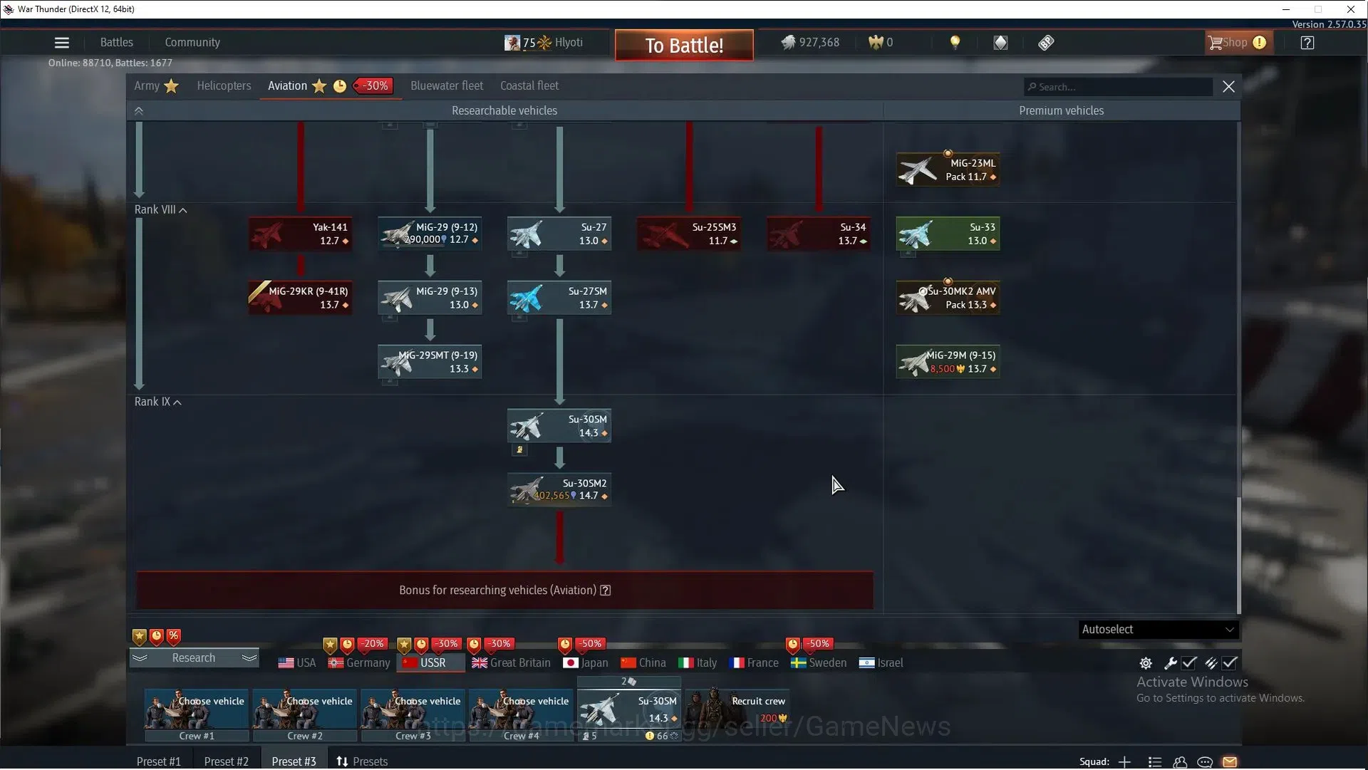 War Thunder Accounts TOP Tier USSR [SU-30SM+2 Skin,Su-27SM,MiG-29SMT,Su-33] 1 Premium (MiG-15bis)|LVL 75|T-72A,ZSU-234M4 4