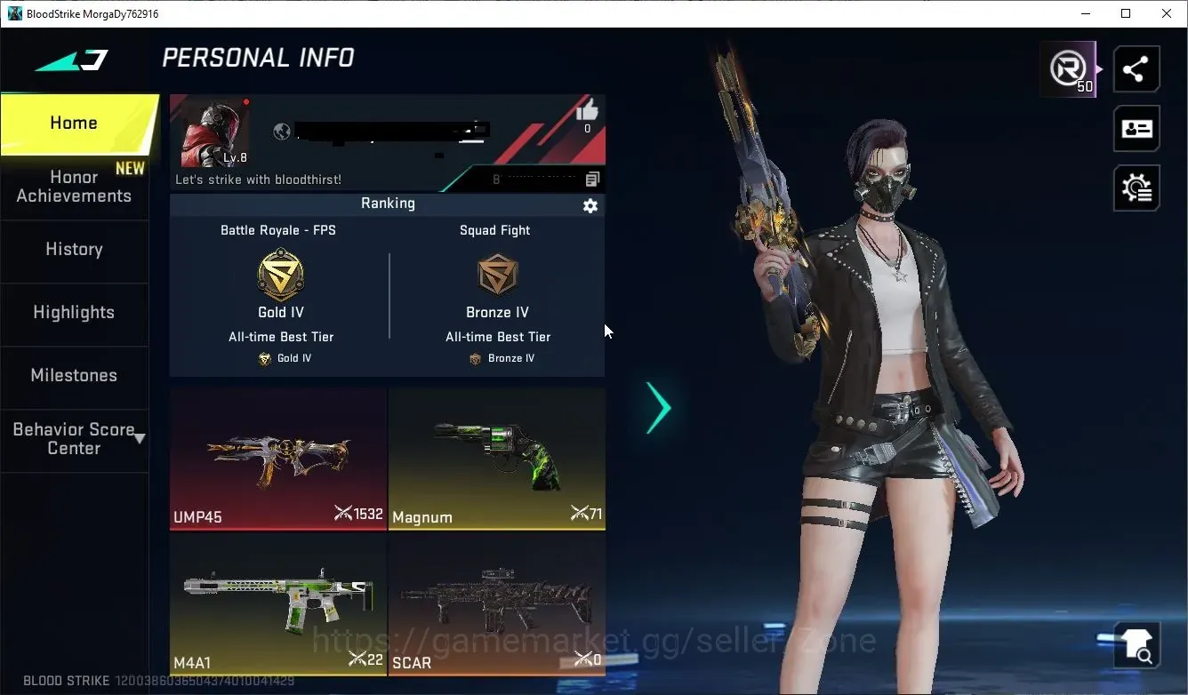 Blood Strike Accounts Starter ASIA STARTER |1 ETERNAL: 1 UMP45 INFINITE |1 ULTRA SCAR, | 3 LEGENDARY Guns|| CHEK SS 1