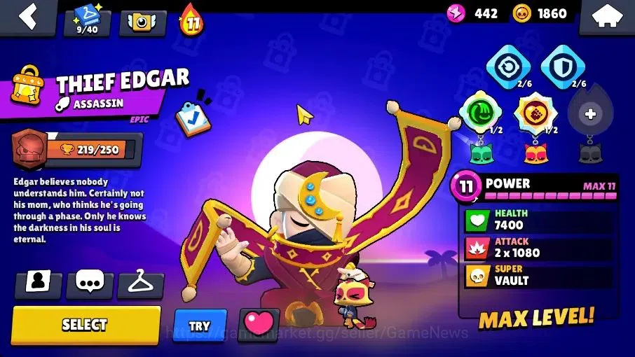 Brawl Stars Accounts 1014 Trophy|15 Brawlers 2 Max Lvl [Edgar, Shelly]|16 Skin|2 Myth [Minotour Bull,Thief Edgar] 4 Epic|CN 16
