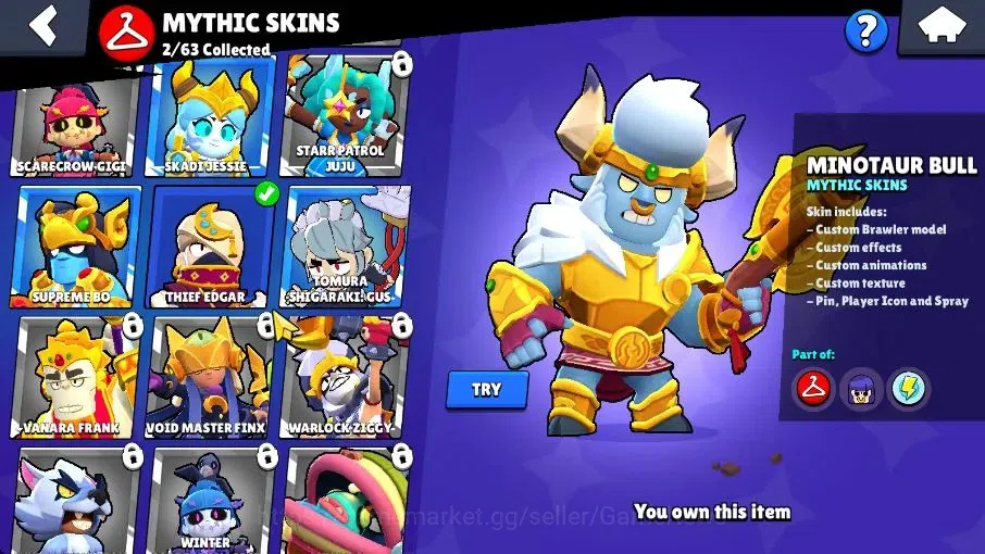 Brawl Stars Accounts 1014 Trophy|15 Brawlers 2 Max Lvl [Edgar, Shelly]|16 Skin|2 Myth [Minotour Bull,Thief Edgar] 4 Epic|CN 8