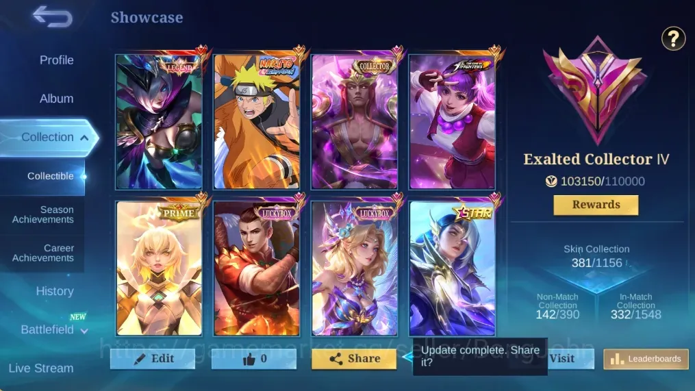 Mobile Legends: Bang Bang Accounts Collector Global|138H 381S|Exalted|Legend Miya|KOF Guinevere|Collector Valir|Naruto 1