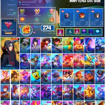 Mobile Legends: Bang Bang Accounts 🔥 #4019 🔥 274 Skins 💎 Naruto Itachi + Kakashi + Sasuke 👑 Exalted Collector V ⚔️