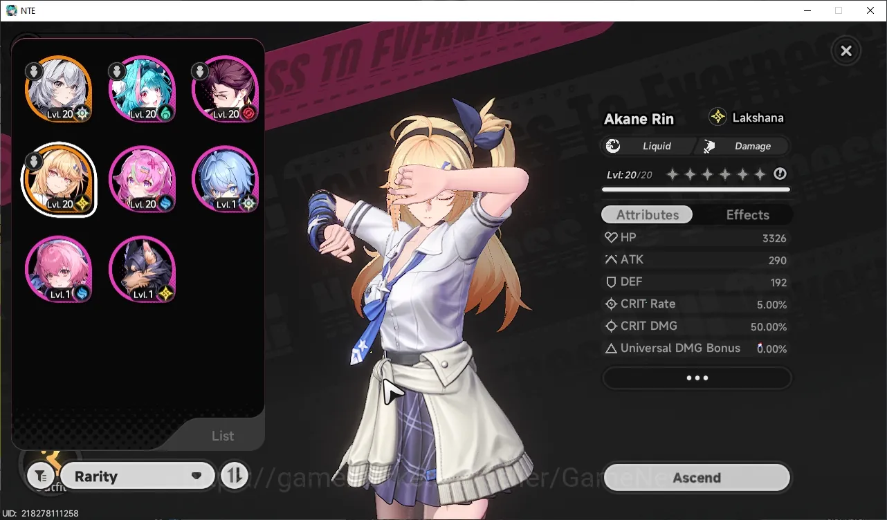 Neverness to Everness Accounts Global NA|HL 8|1 S-Class Limited| Akane Rin + Day Adrift Glider |Female MC|Log Email|NTE2095 1