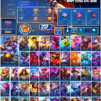 Mobile Legends: Bang Bang Accounts 🔥 #4015 🔥 217 Skins 💎 Collector Yi Sun-shin Lone Destructor 👑 Renowned Collector IV