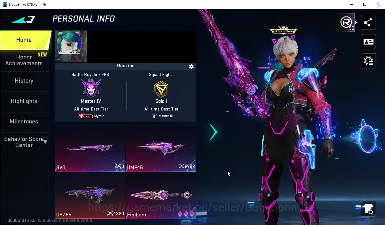 Blood Strike Accounts Collab Skin ASIA |EVO: SVD-Reaper, UMP45-Forasken, Melee-EVO Fireborn|3 Eternal Gun|2 Eternal 1