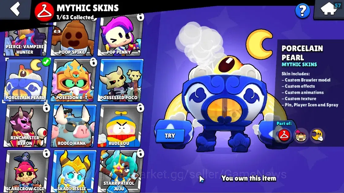Brawl Stars Accounts 2972 Trophy|33 Brawlers 3 Max Lvl[Colt,Emz,Pearl]|1 Mythic (Porcelain Pearl),11 Epic Skin,etc|3502 13