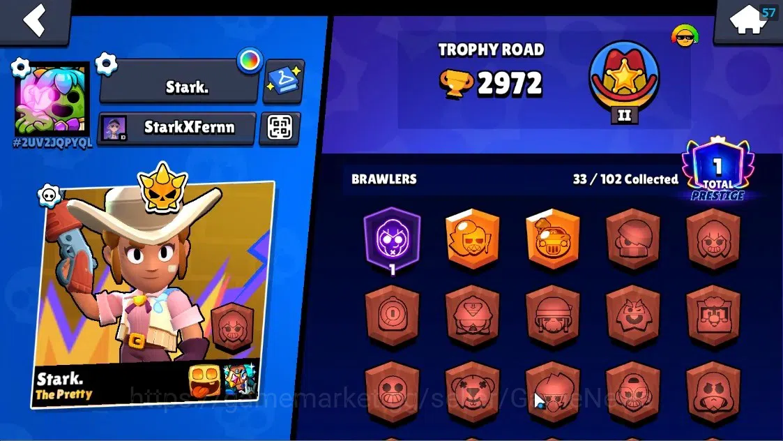 Brawl Stars Accounts 2972 Trophy|33 Brawlers 3 Max Lvl[Colt,Emz,Pearl]|1 Mythic (Porcelain Pearl),11 Epic Skin,etc|3502 2