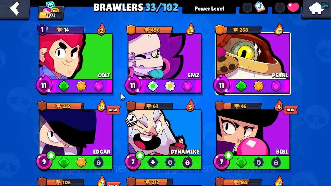 Brawl Stars Accounts 2972 Trophy|33 Brawlers 3 Max Lvl[Colt,Emz,Pearl]|1 Mythic (Porcelain Pearl),11 Epic Skin,etc|3502 7