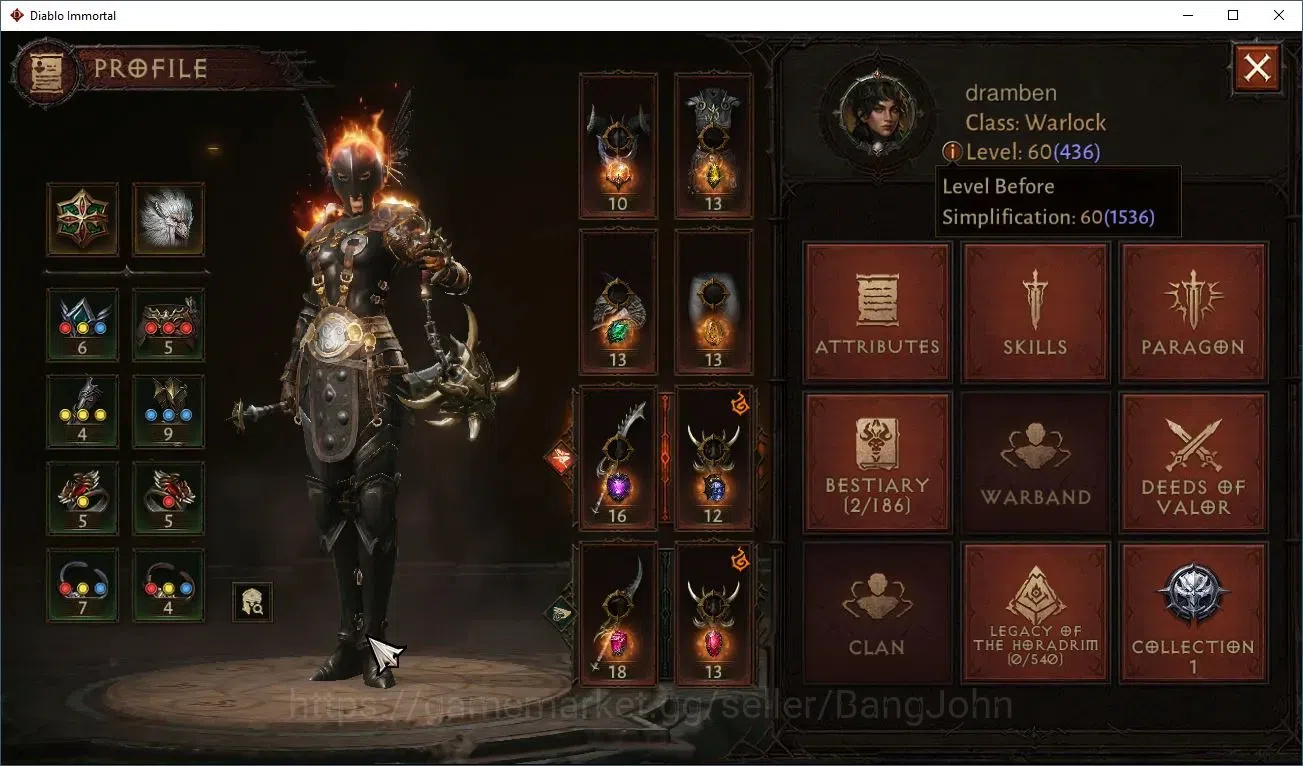 Diablo Immortal Accounts High-End NA - High Heavens | 60(436) Warlock - Brawler | CR 31656 | Reso 390 | Inverno I | Varog 1