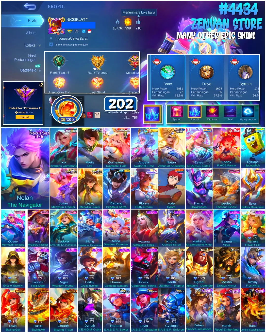 Mobile Legends: Bang Bang Accounts #4434 202 Skins | Floryn Fluffy Dream (SANRIO) | Martis Levi (ATTACK ON TITAN) | Badang 1