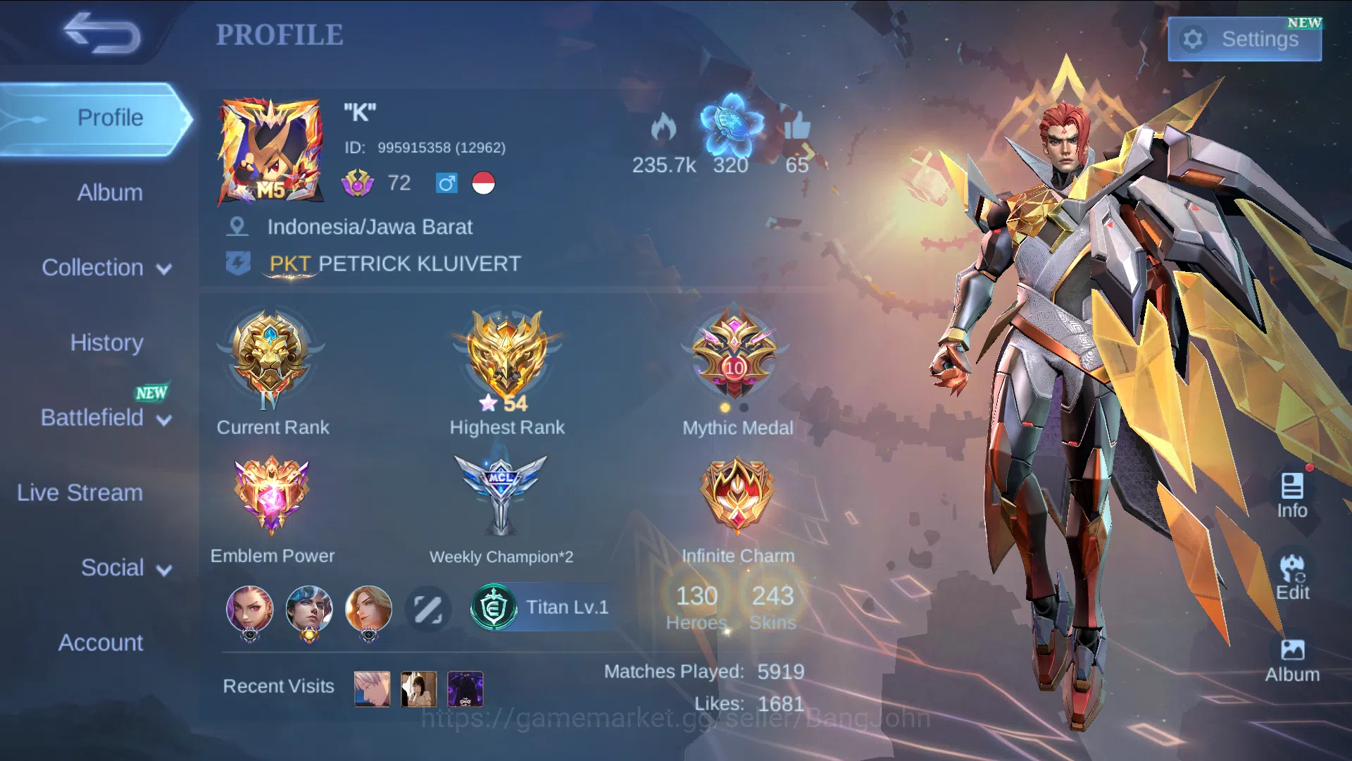 Mobile Legends: Bang Bang Accounts hero 130 | skin 243 | prime yu zhong, prime claude image 1