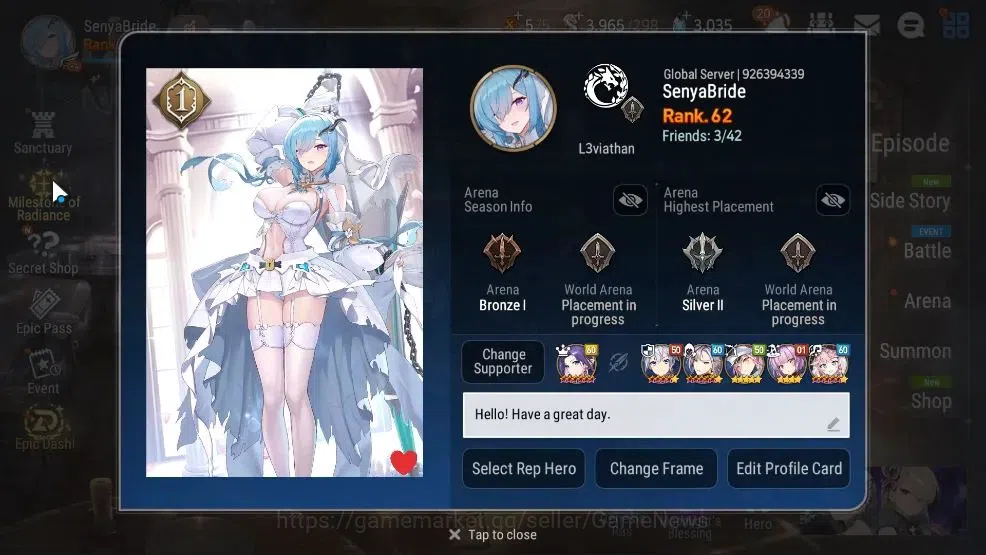 Epic Seven Accounts High-End GLOBAL UnVerif|New Era|9 ML (Schol Nurse Yulha,LC Bellona,Belian),AB Fumyr,Setsuka,etc|2,2k 2