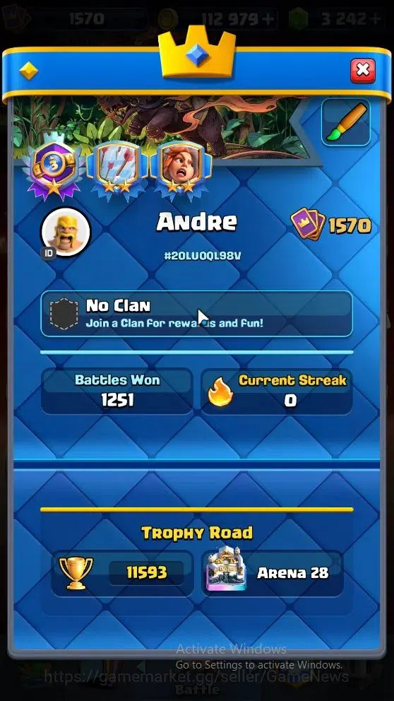 Clash Royale Accounts High-End Lv 1570|Trophy 11593|KTL 15|Card 122|4 Max|6 Hero 10 EVO 8 Champ 22 Legend 33 Epic 30 Rare 2