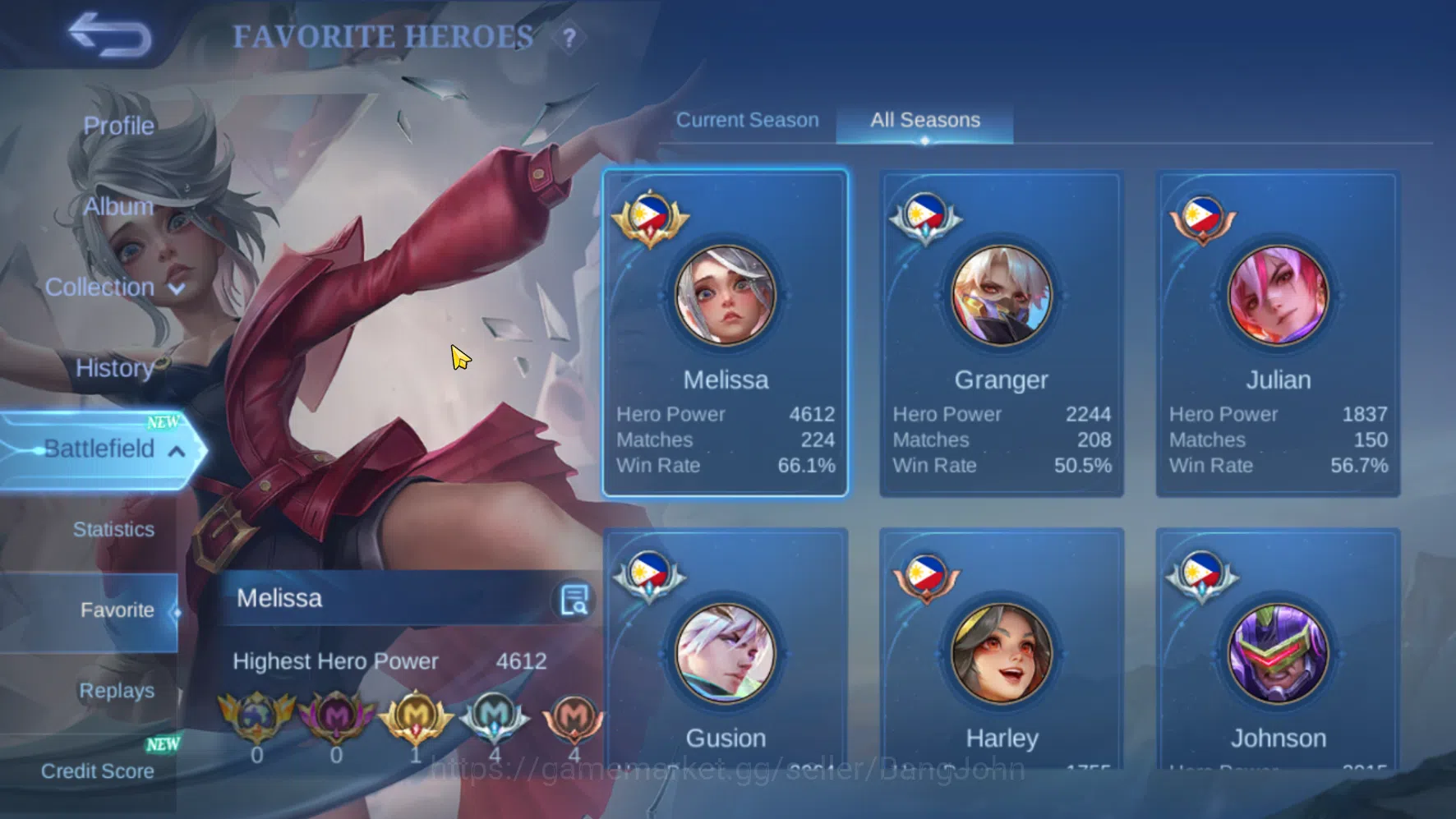 Mobile Legends: Bang Bang Accounts Others Hero 83 | Skin 147 | MSC Nathan | M7 Granger | Epic Gussion | Epic Clint |  Saint 4