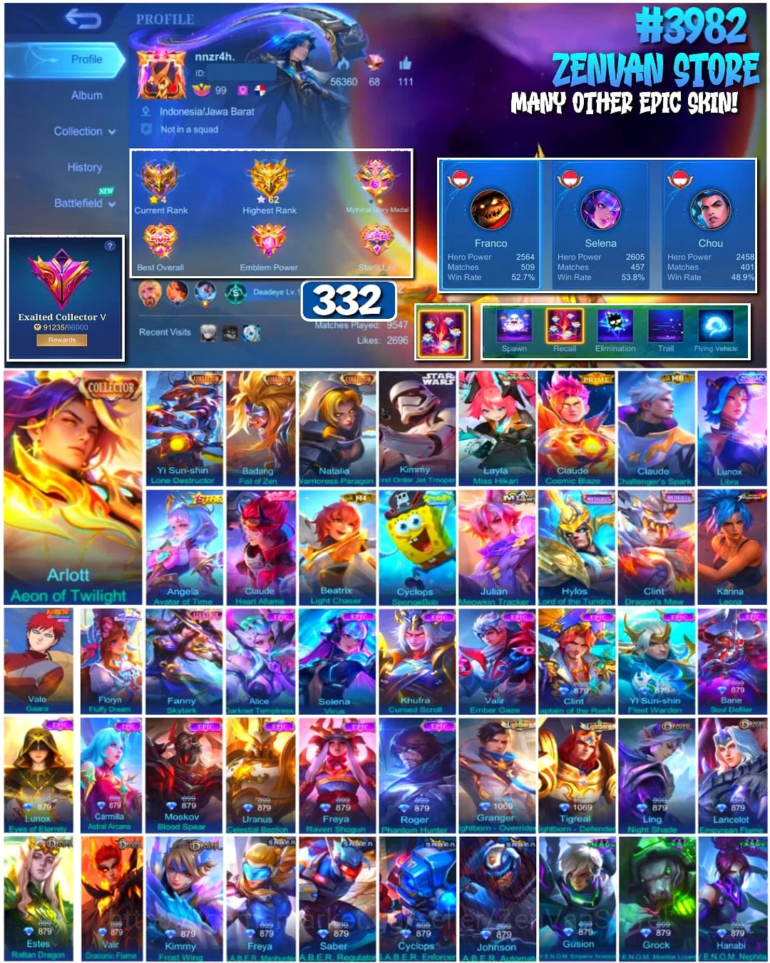 Mobile Legends: Bang Bang Accounts 🔥 #3982 🔥 332 Skins 💎 Exalted Collector V 👑 Collector Yi Sun-shin, Badang & Natalia 1