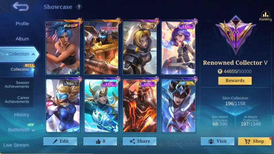 Mobile Legends: Bang Bang Accounts Collector Global|136Hero|196Skin|Renowned|KOF Karina|TransFormes Roger|Collector 1