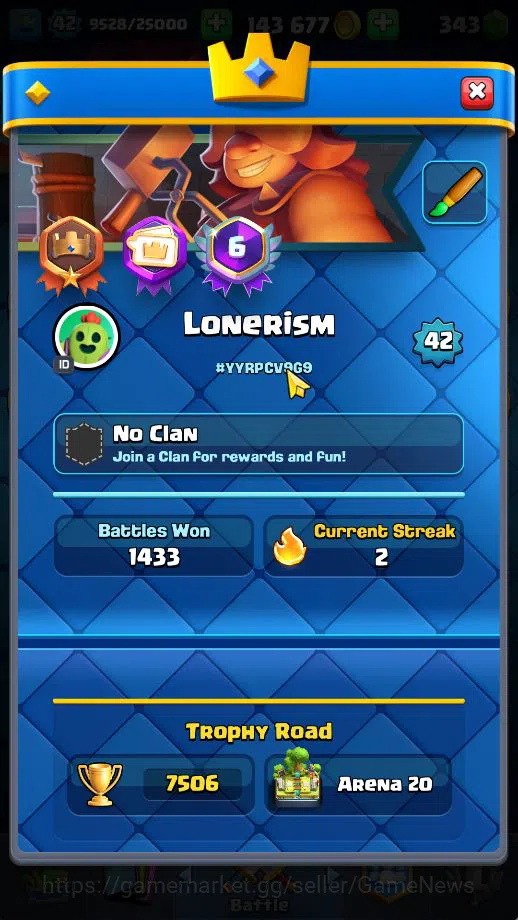 Clash Royale Accounts Midgame Lv 42|Trophy 7506|KTL 14|Limited Skin|Card 121| 1 HERO 7 EVO 8 Champ 21 Legendary 33 Epic 30 2