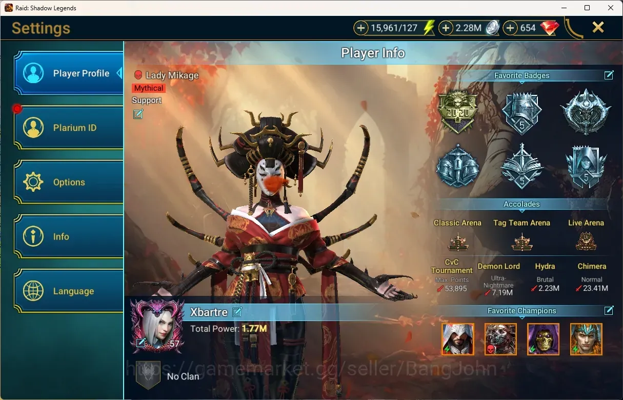 Raid: Shadow Legends Accounts Mid-Game Lv.57|Power 1.77M|1 Mythical (Lady Mikage)|18 Legend 1