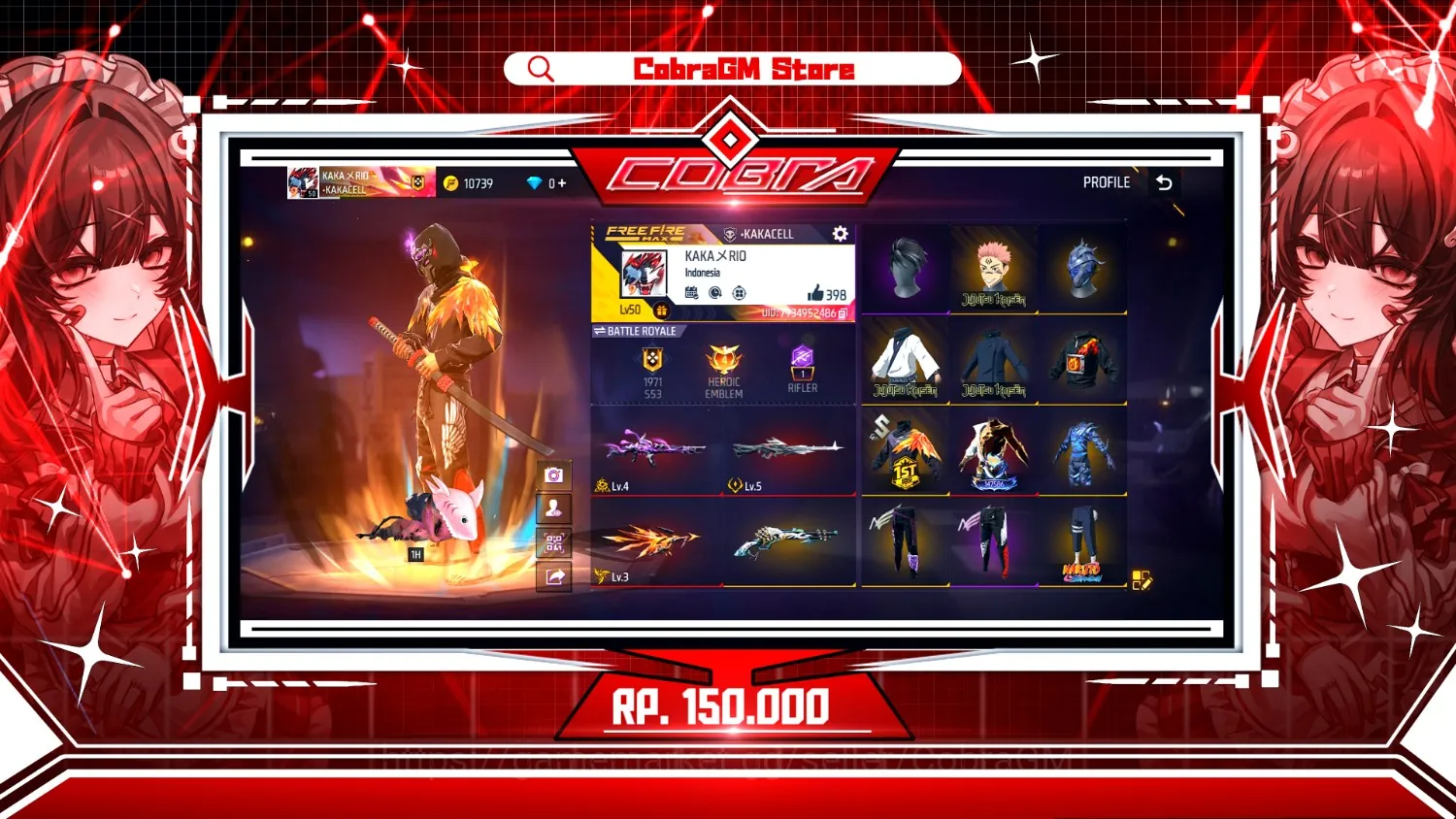Free Fire Accounts Akun Free Fire Vault 80 | Evo 3 | Solar Esclipe | Megumi | Sukuna | Ember Fracture | Angel | Kakashi | Sg 1
