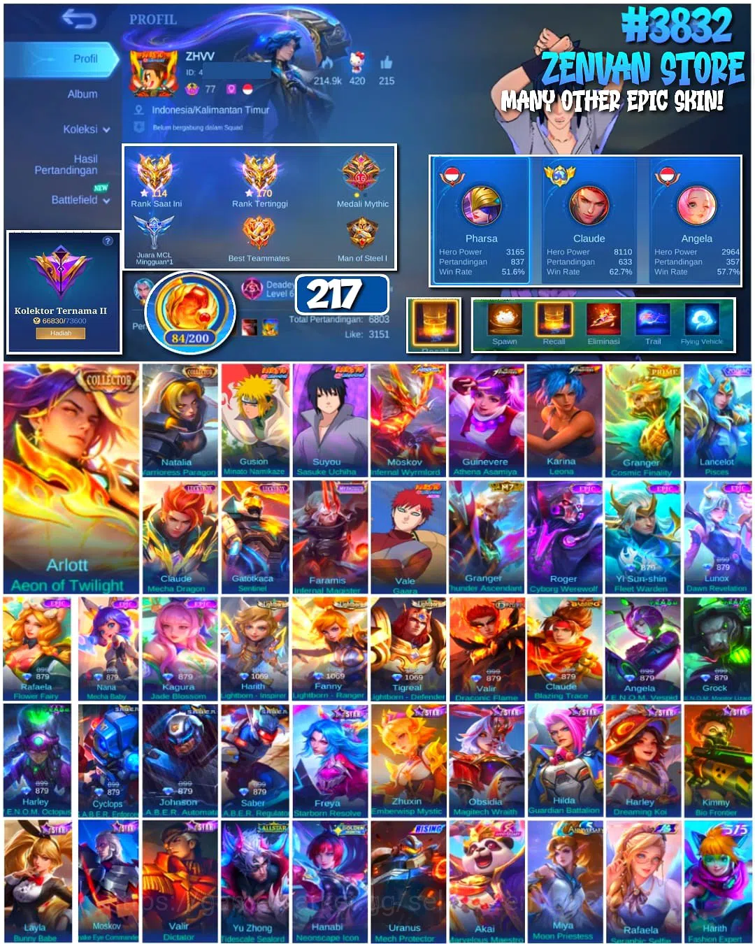 Mobile Legends: Bang Bang Accounts Collector #3832 217 Skins | Collector Arlot & Natalia | Minato | Sasuke | Internal Moskov 1