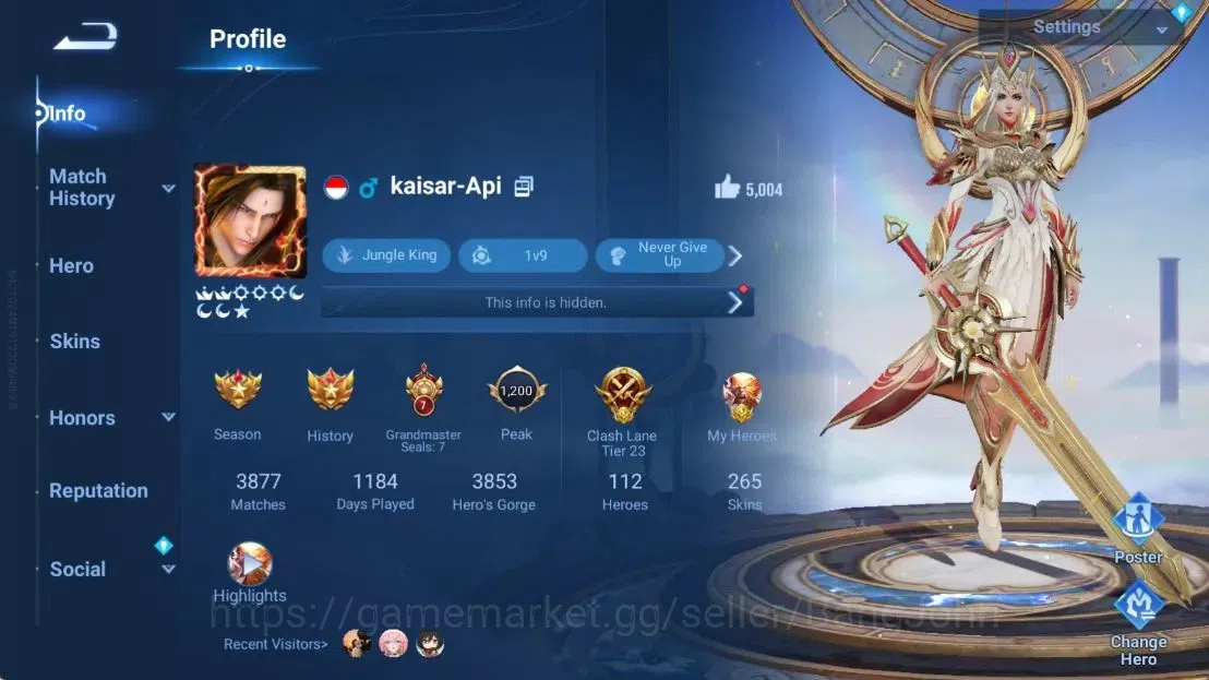 Honor of Kings Accounts Global | 112H 265S |MYTHIC Mulan|Saint Seiya Dharm image 1