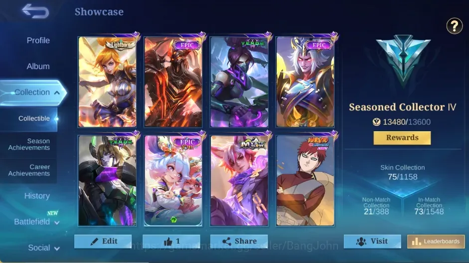 Mobile Legends: Bang Bang Accounts Others Global|75Skin|70Hero|Seasoned|Lightborn Fanny|VENOM Dyrroth Hanabi|GAARA|Epic Nana 1