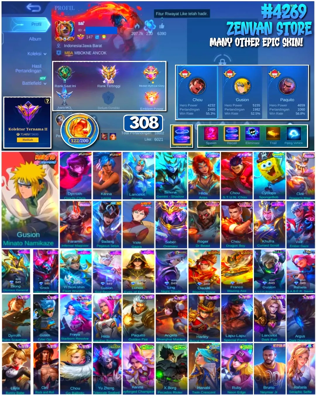 Mobile Legends: Bang Bang Accounts #4269 308 Skins | Gusion Minato Namikaze (NARUTO) | Vale Gaara (NARUTO) | Dyrroth Orochi 1