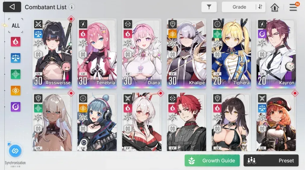 Chaos Zero Nightmare Accounts Global|Lv 30|6 SSR(Rossweisse,Tenebria,Diana,Tiphera,Khalipe,Kayron)|10 SR(ReiM6,MikaM1,Etc)|1 1
