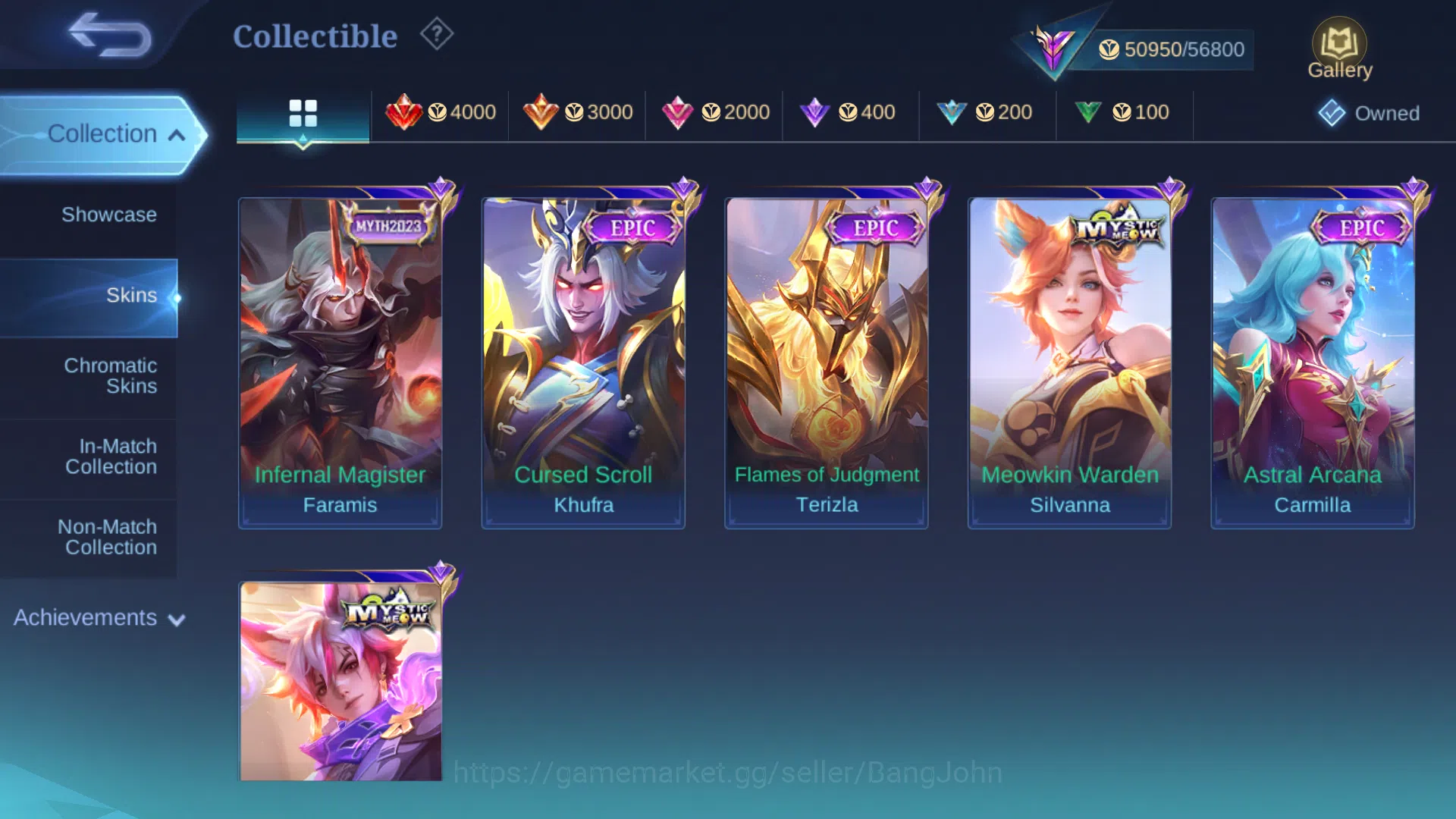 Mobile Legends: Bang Bang Accounts Collector hero 131 | skin 224 | m6 claude, kof karina, zodiac minotaur, meow lesley, myth 10