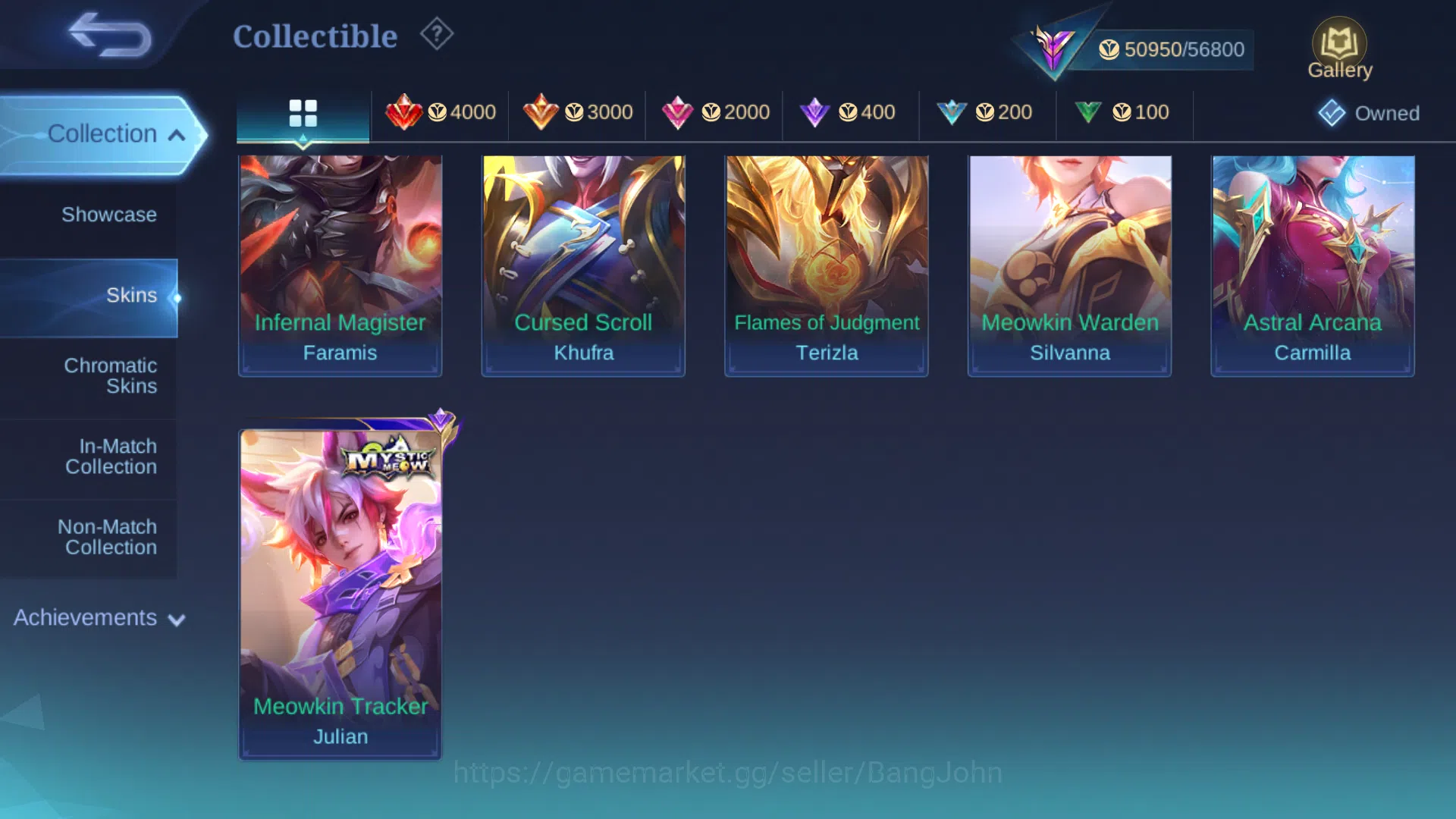 Mobile Legends: Bang Bang Accounts Collector hero 131 | skin 224 | m6 claude, kof karina, zodiac minotaur, meow lesley, myth 11