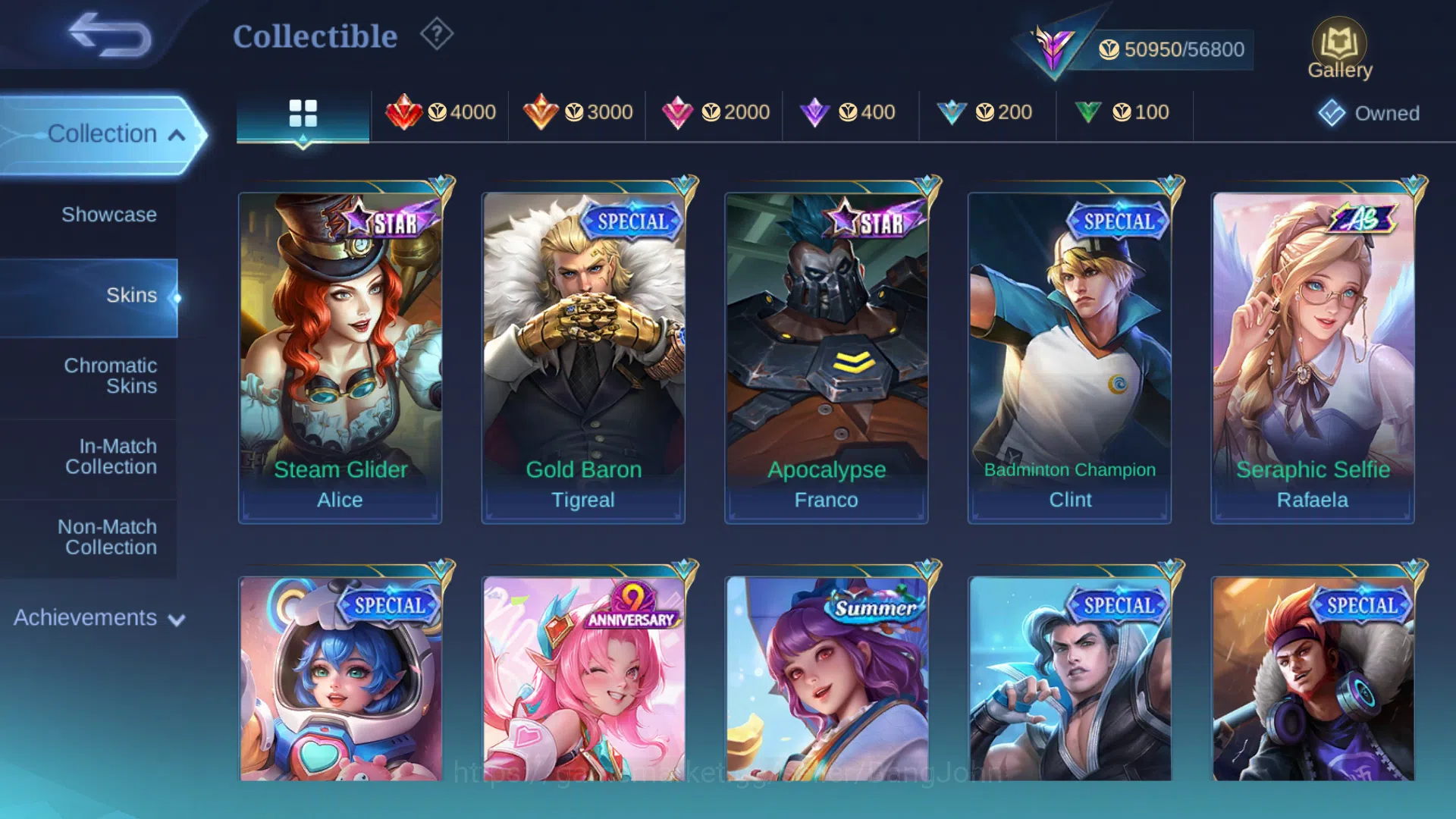 Mobile Legends: Bang Bang Accounts Collector hero 131 | skin 224 | m6 claude, kof karina, zodiac minotaur, meow lesley, myth 12