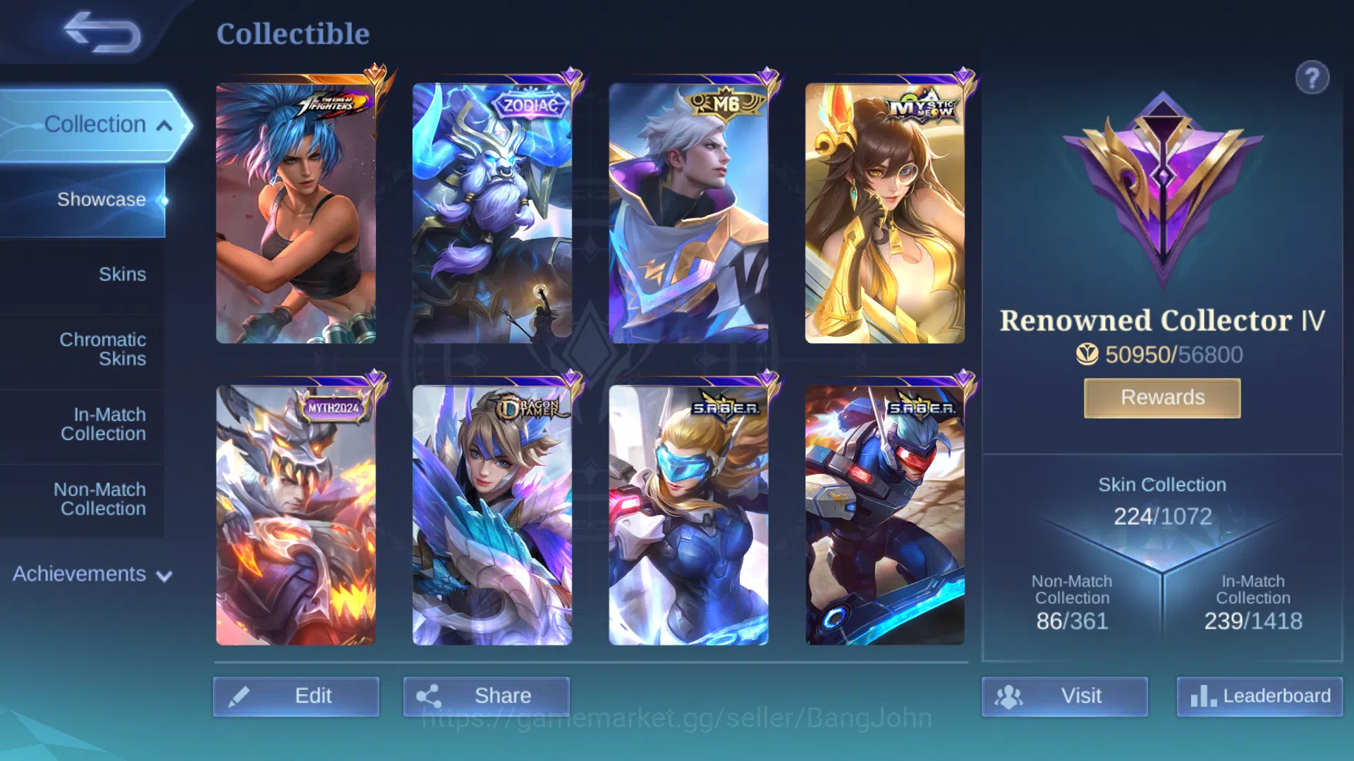 Mobile Legends: Bang Bang Accounts Collector hero 131 | skin 224 | m6 claude, kof karina, zodiac minotaur, meow lesley, myth 2