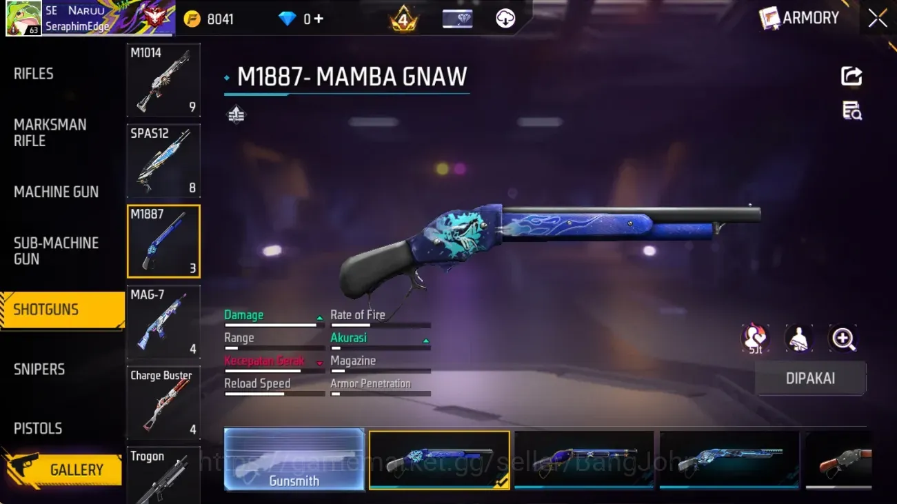 Free Fire Accounts Indonesia | 2 EVO (SCAR Lv5, XM8 Lv5) | M1887- Mamba Gnaw, Peluru Suci, Bunny's Order | 2 Bunny BP 1