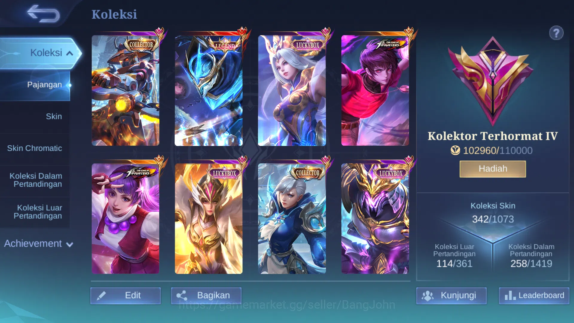 Mobile Legends: Bang Bang Accounts Others Hero 128 | Skin 342 | Legend Gusion | KOF Dyrroth, Guinevere, Karina | Collector 12