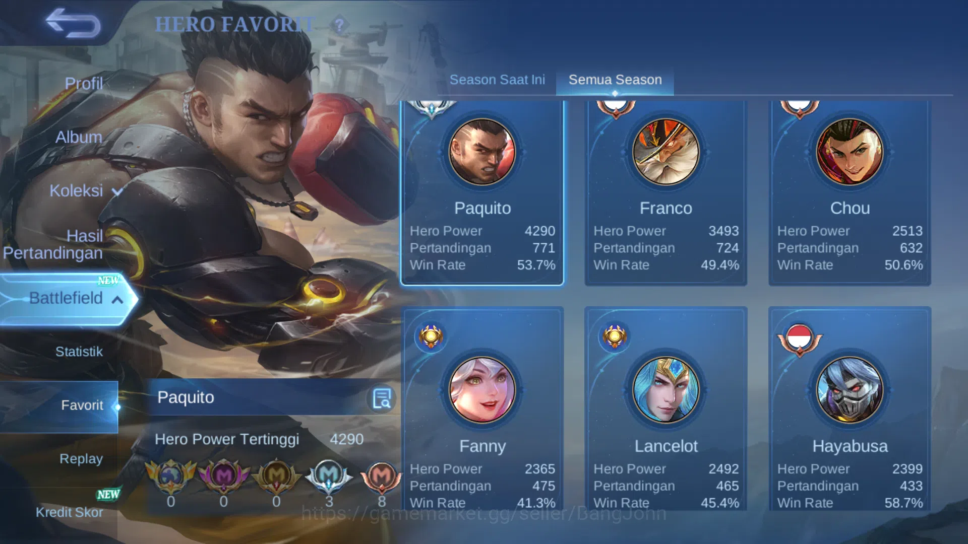 Mobile Legends: Bang Bang Accounts Others Hero 128 | Skin 342 | Legend Gusion | KOF Dyrroth, Guinevere, Karina | Collector 18