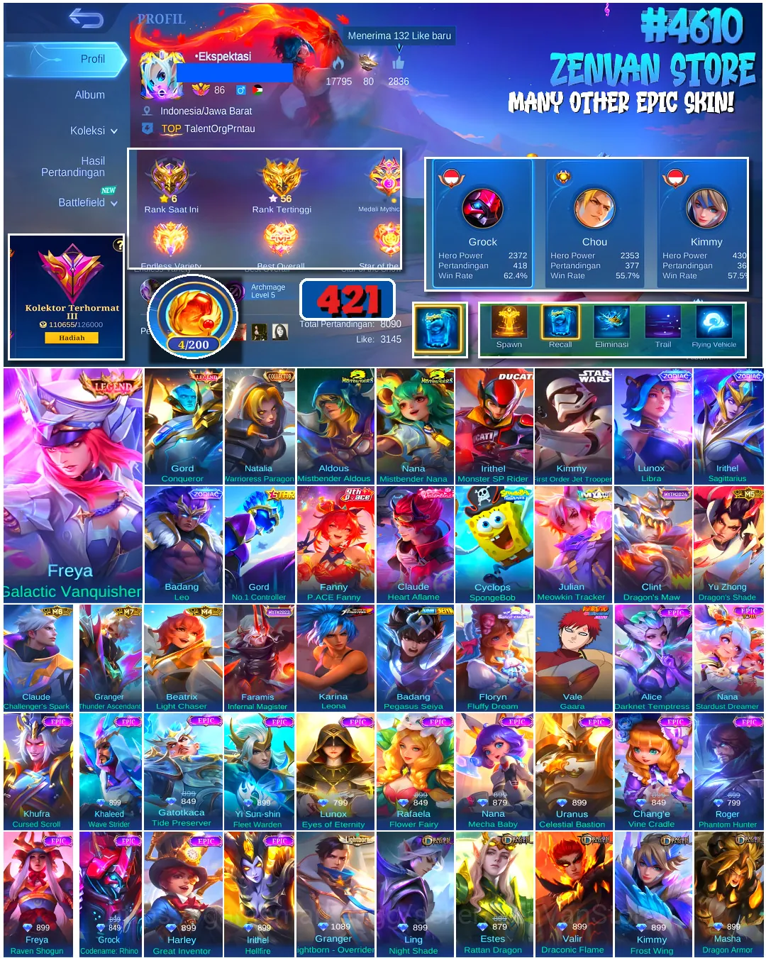 Mobile Legends: Bang Bang Accounts #4610 421 Skins | Freya Galactic Vanquisher (LEGEND) | Gord Conqueror (LEGEND) | Floryn 1