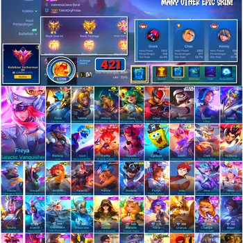 Mobile Legends: Bang Bang Accounts #4610 421 Skins | Freya Galactic Vanquisher (LEGEND) | Gord Conqueror (LEGEND) | Floryn