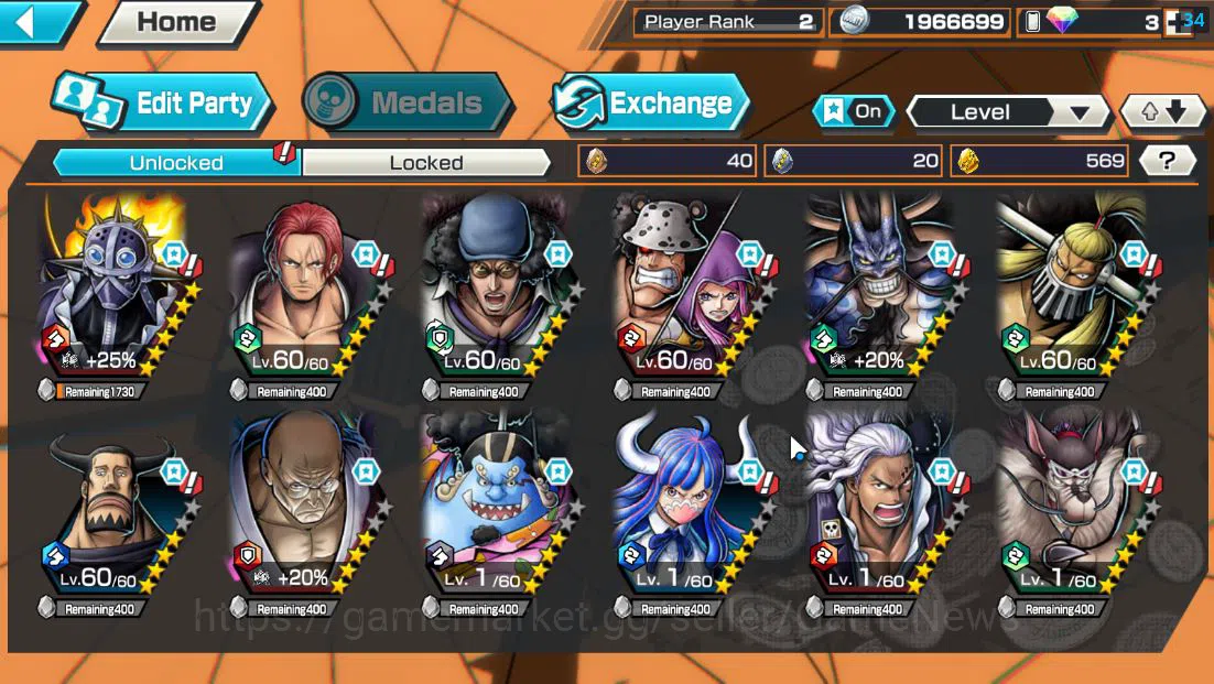 One Piece Bounty Rush Accounts Starter Global|4 EX|Film RED Shanks,BP Kuzan,BMO Kaido,T5Elder Nusjuro|Rank 2|569 (*4 3